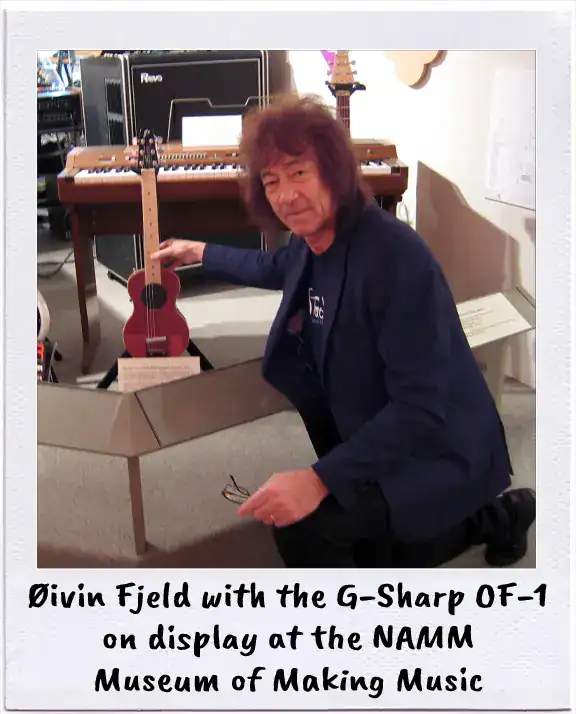 Øivin Fjeld, inventor of the G-Sharp OF-1, with the OF-1 on display at the NAMM Museum of Making Music | G-Sharp Guitars