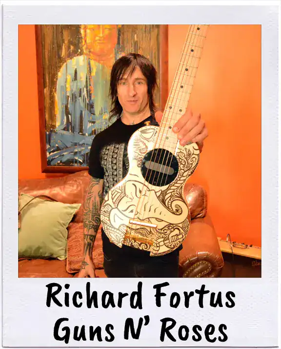 Richard Fortus of Guns N' Roses with his custom Ganesha OF-1, artwork by Scott Thomas | G-Sharp Guitars